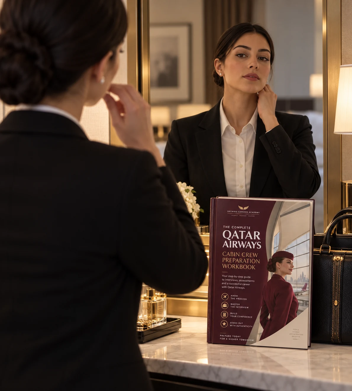 Preview concept showing a candidate preparing beside the future Qatar Airways workbook