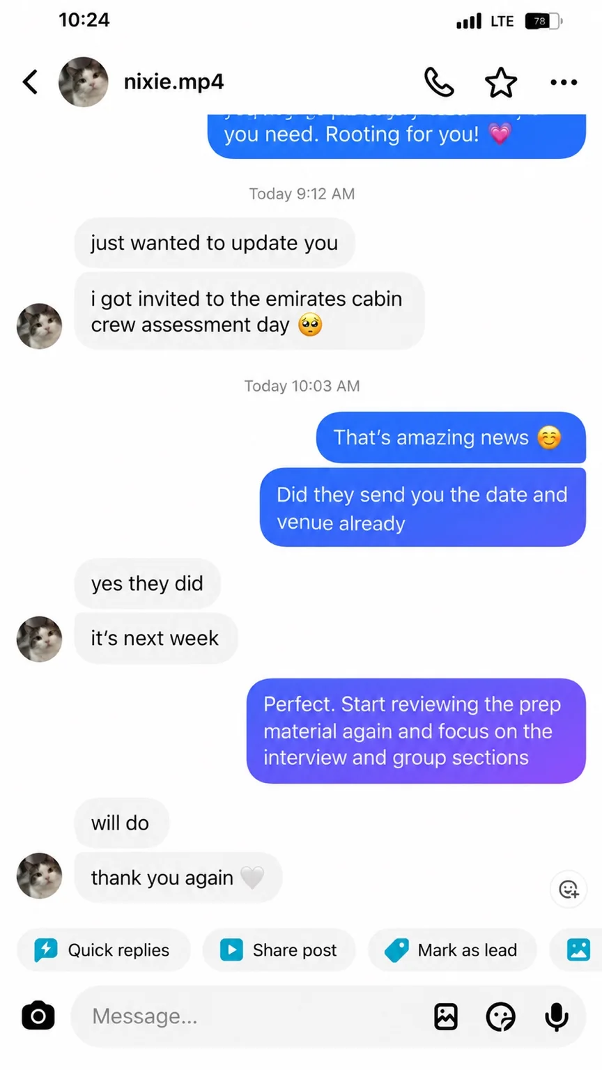 Candidate conversation showing an Emirates Cabin Crew Assessment Day invitation update