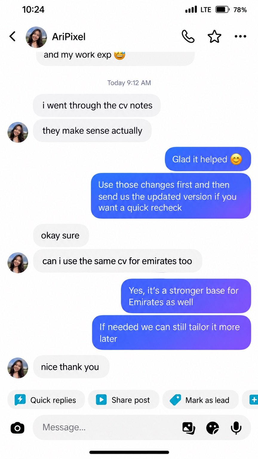 Candidate conversation saying the CV notes helped and asking whether the same CV can be used for Emirates