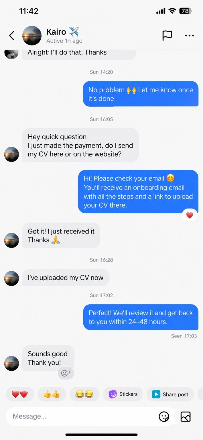 Candidate conversation showing payment, onboarding email, CV upload and review timing