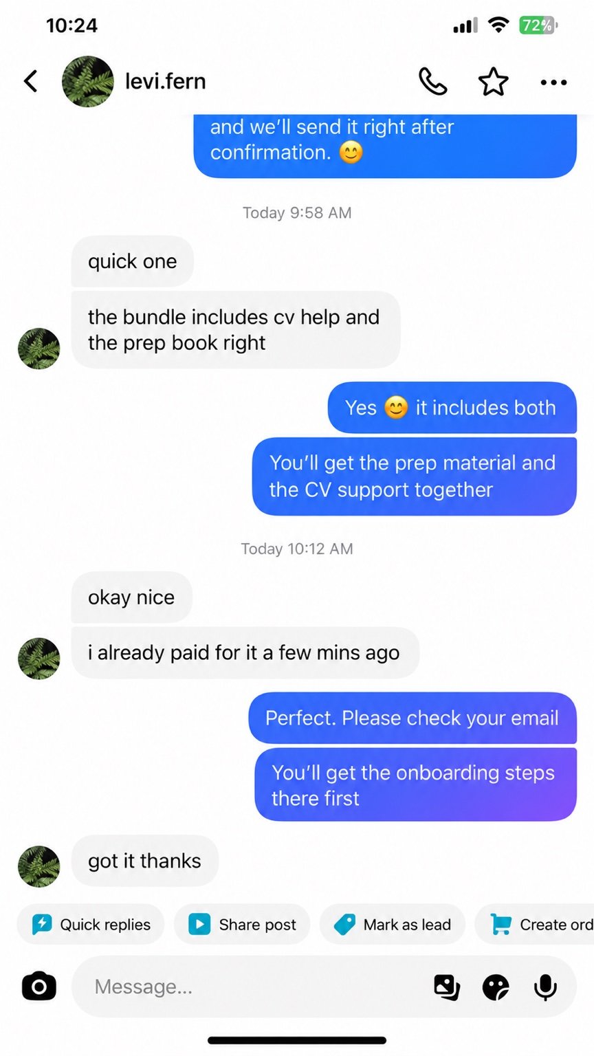 Candidate conversation confirming the bundle includes CV help and preparation material, followed by payment