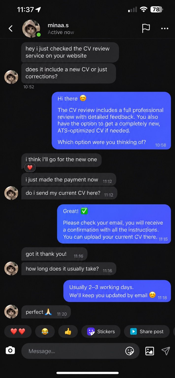 Candidate conversation asking whether the service includes a new ATS CV, then paying and asking about timing