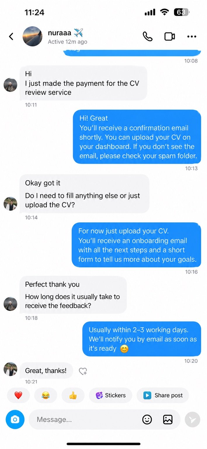 Candidate conversation about uploading the CV and receiving feedback within 2 to 3 working days