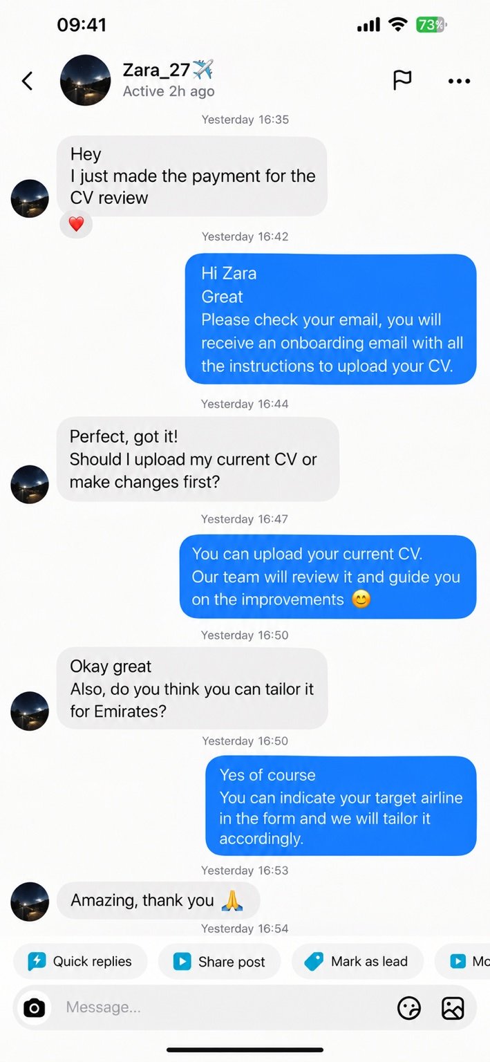 Candidate conversation showing CV review purchase, upload steps, and request to tailor the CV for Emirates