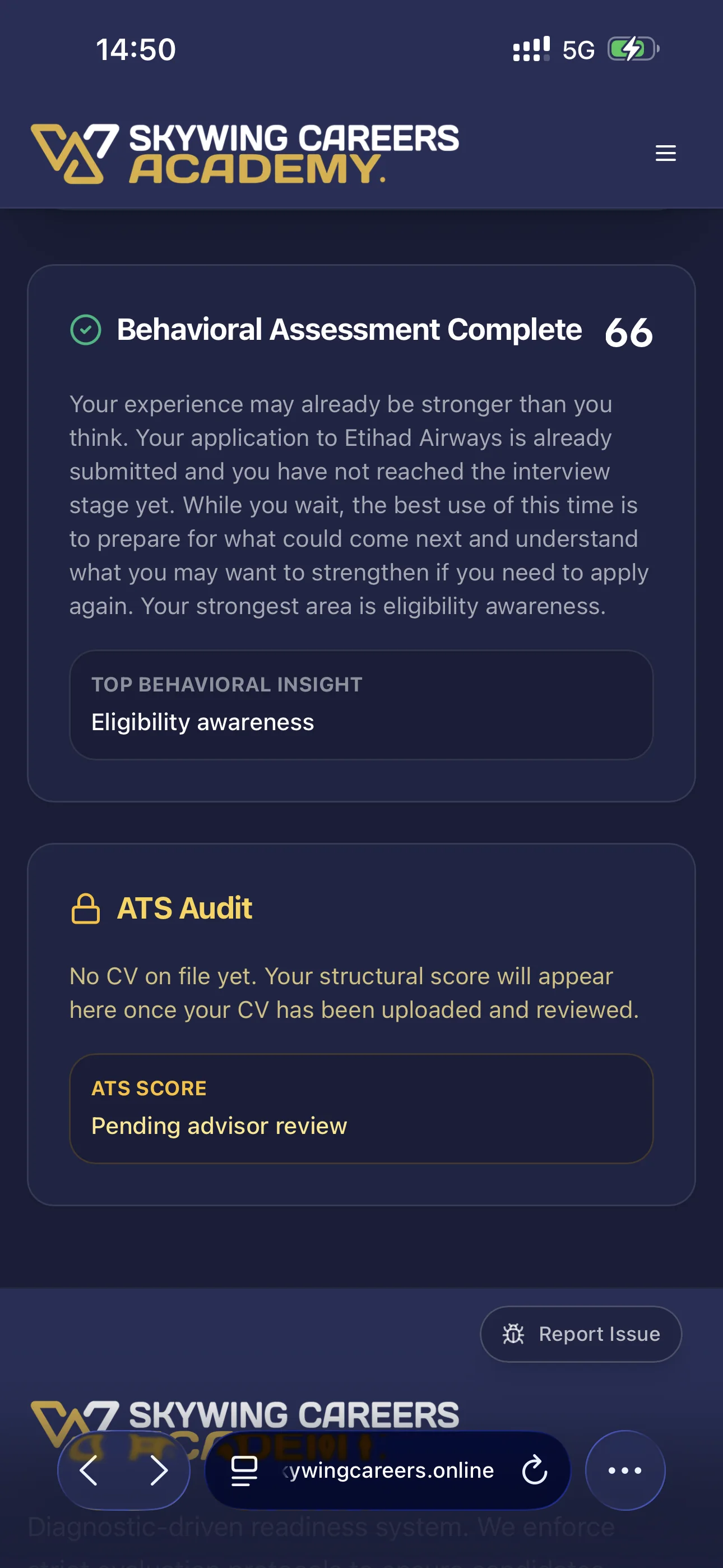 Skywing candidate dashboard showing readiness and ATS review status