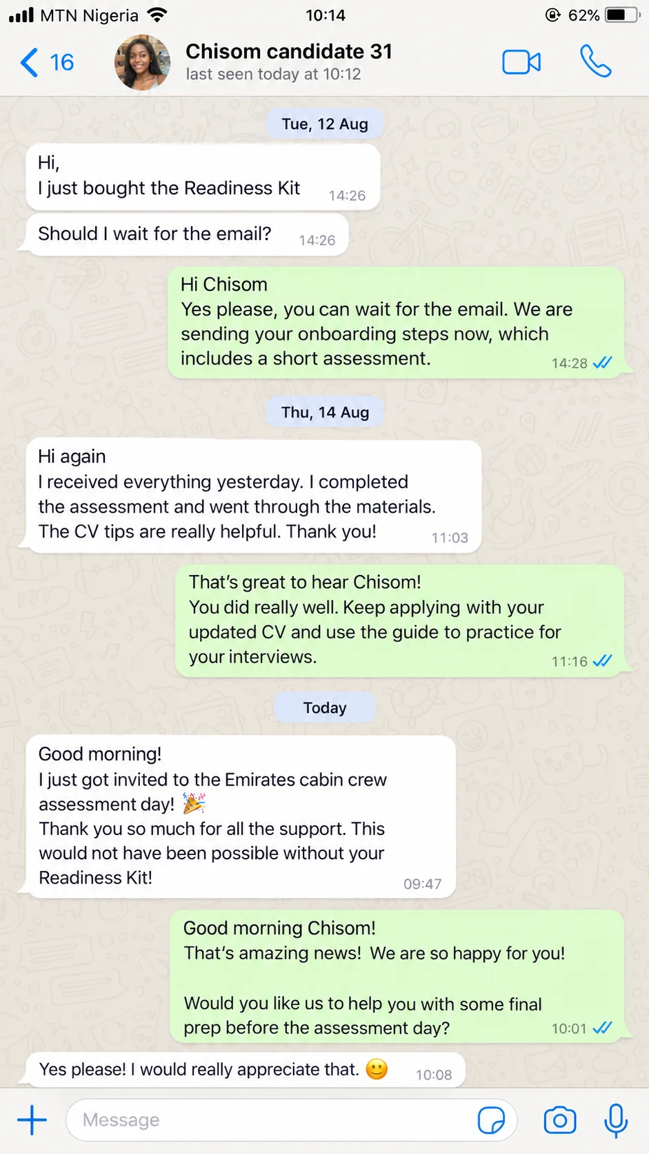 Candidate WhatsApp support example