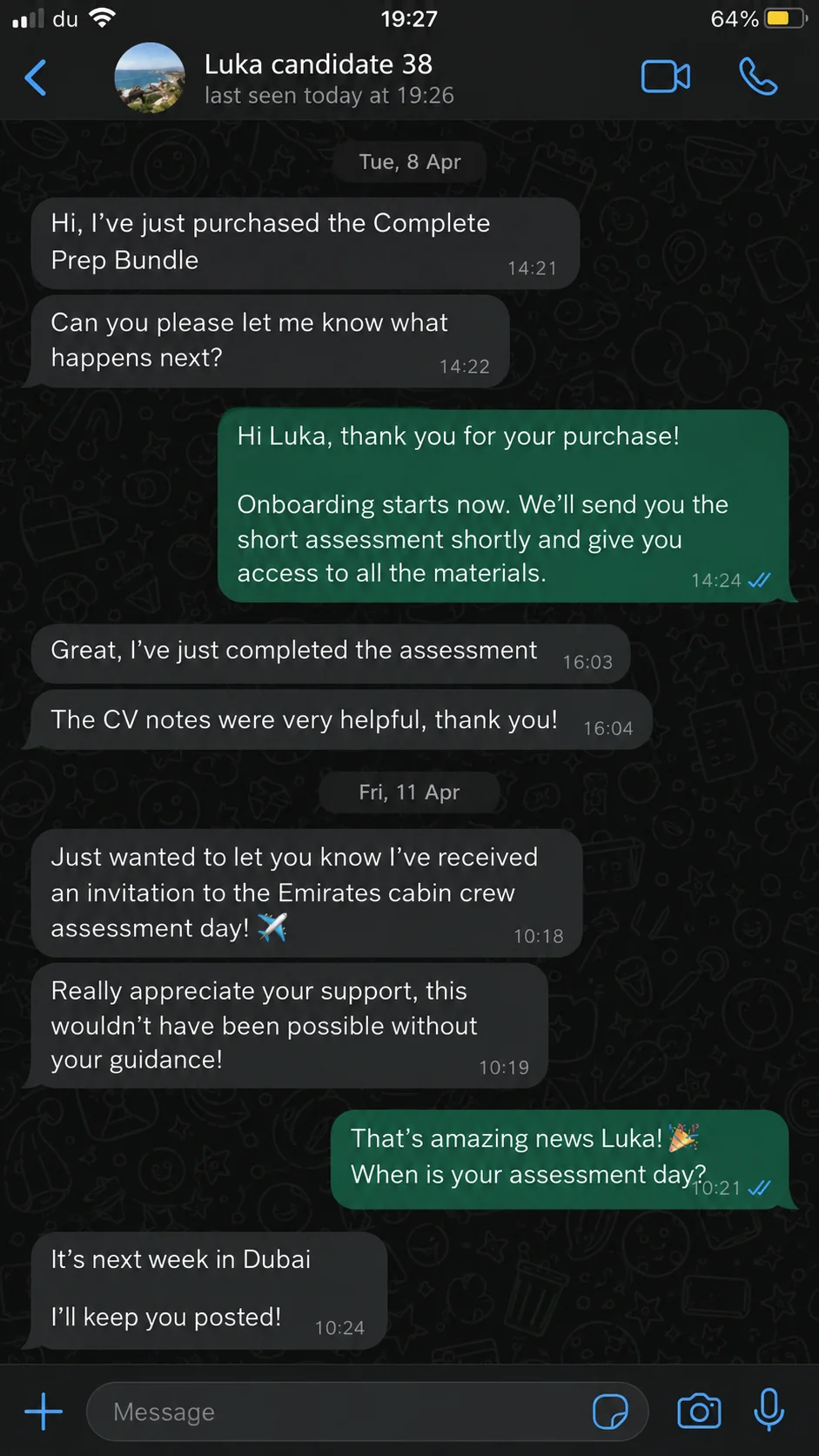 Candidate WhatsApp support example